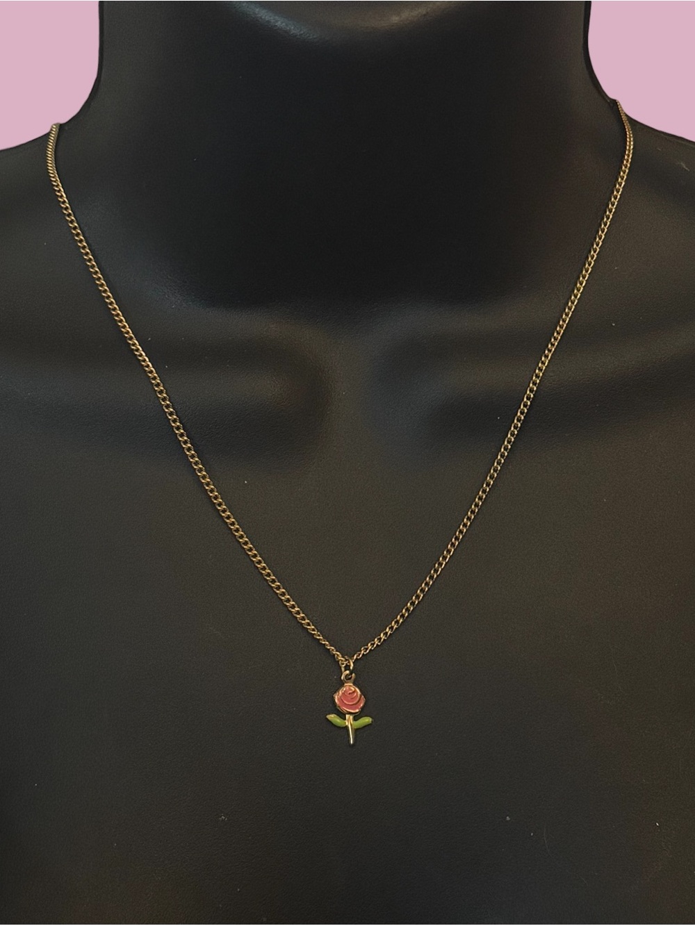 Dainty gold tone enamel rose pendant necklace